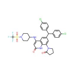 O=C1CCCN1c1cc(C(c2ccc(Cl)cc2)c2ccc(Cl)cc2)cc2c(NC3CCN(S(=O)(=O)C(F)(F)F)CC3)cc(=O)[nH]c12 ZINC001772571171