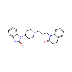 O=C1CCc2cccc(F)c2N1CCCN1CCC(n2c(=O)[nH]c3ccccc32)CC1 ZINC000084729574
