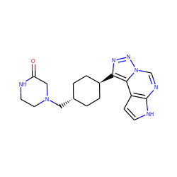 O=C1CN(C[C@H]2CC[C@H](c3nnn4cnc5[nH]ccc5c34)CC2)CCN1 ZINC001772598083