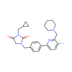 O=C1CN(Cc2ccc(-c3ccc(F)c(CN4CCCCC4)n3)cc2)C(=O)N1CC1CC1 ZINC000072124964