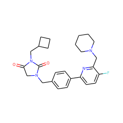 O=C1CN(Cc2ccc(-c3ccc(F)c(CN4CCCCC4)n3)cc2)C(=O)N1CC1CCC1 ZINC000072124965
