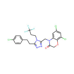 O=C1COc2c(Cl)cc(Cl)cc2N1Cc1nnc(CCc2ccc(Cl)cc2)n1CCC(F)(F)F ZINC000071330798