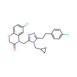 O=C1COc2ccc(Cl)cc2N1Cc1nnc(CCc2ccc(Cl)cc2)n1CC1CC1 ZINC000071296850