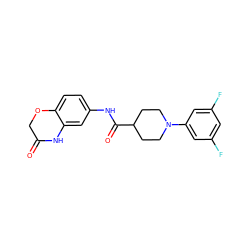 O=C1COc2ccc(NC(=O)C3CCN(c4cc(F)cc(F)c4)CC3)cc2N1 ZINC000038267924