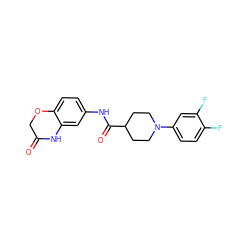 O=C1COc2ccc(NC(=O)C3CCN(c4ccc(F)c(F)c4)CC3)cc2N1 ZINC000035859557