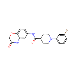 O=C1COc2ccc(NC(=O)C3CCN(c4cccc(Br)c4)CC3)cc2N1 ZINC000040973884