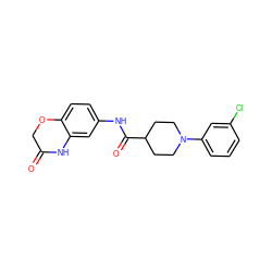 O=C1COc2ccc(NC(=O)C3CCN(c4cccc(Cl)c4)CC3)cc2N1 ZINC000035983325