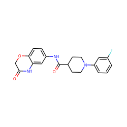 O=C1COc2ccc(NC(=O)C3CCN(c4cccc(F)c4)CC3)cc2N1 ZINC000035950484