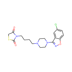 O=C1CSC(=O)N1CCCCN1CCN(c2noc3ccc(Cl)cc23)CC1 ZINC000027194402