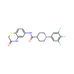 O=C1CSc2ccc(NC(=O)C3CCN(c4cc(F)c(F)c(F)c4)CC3)cc2N1 ZINC000034630502