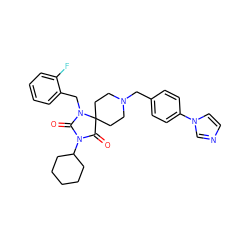 O=C1N(C2CCCCC2)C(=O)C2(CCN(Cc3ccc(-n4ccnc4)cc3)CC2)N1Cc1ccccc1F ZINC000028704472