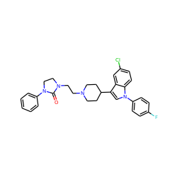 O=C1N(CCN2CCC(c3cn(-c4ccc(F)cc4)c4ccc(Cl)cc34)CC2)CCN1c1ccccc1 ZINC000013452517