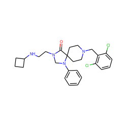 O=C1N(CCNC2CCC2)CN(c2ccccc2)C12CCN(Cc1c(Cl)cccc1Cl)CC2 ZINC000040403421