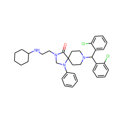 O=C1N(CCNC2CCCCC2)CN(c2ccccc2)C12CCN(C(c1ccccc1Cl)c1ccccc1Cl)CC2 ZINC000042851430