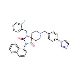O=C1N(c2cccc3ccccc23)C(=O)C2(CCN(Cc3ccc(-n4ccnc4)cc3)CC2)N1Cc1ccccc1F ZINC000028704481