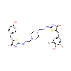 O=C1N=C(NCCN2CCN(CCNC3=NC(=O)/C(=C/c4cc(Br)c(O)c(Br)c4)S3)CC2)S/C1=C\c1ccc(O)cc1 ZINC000095557826