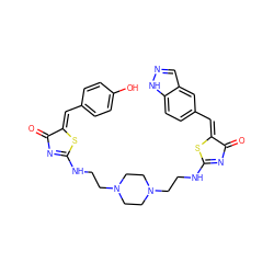 O=C1N=C(NCCN2CCN(CCNC3=NC(=O)/C(=C/c4ccc5[nH]ncc5c4)S3)CC2)S/C1=C\c1ccc(O)cc1 ZINC000095563410