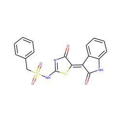 O=C1N=C(NS(=O)(=O)Cc2ccccc2)S/C1=C1\C(=O)Nc2ccccc21 ZINC000013123295