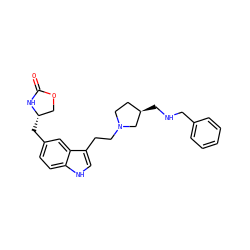 O=C1N[C@@H](Cc2ccc3[nH]cc(CCN4CC[C@@H](CNCc5ccccc5)C4)c3c2)CO1 ZINC000027761021