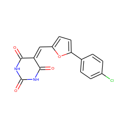 O=C1NC(=O)C(=Cc2ccc(-c3ccc(Cl)cc3)o2)C(=O)N1 ZINC000008768551