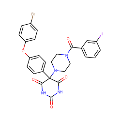 O=C1NC(=O)C(c2ccc(Oc3ccc(Br)cc3)cc2)(N2CCN(C(=O)c3cccc(I)c3)CC2)C(=O)N1 ZINC000028476419