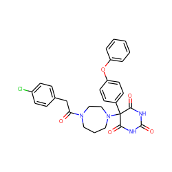 O=C1NC(=O)C(c2ccc(Oc3ccccc3)cc2)(N2CCCN(C(=O)Cc3ccc(Cl)cc3)CC2)C(=O)N1 ZINC000072108213