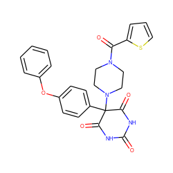 O=C1NC(=O)C(c2ccc(Oc3ccccc3)cc2)(N2CCN(C(=O)c3cccs3)CC2)C(=O)N1 ZINC000072107983