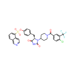 O=C1NC(=O)N(C2CCN(C(=O)c3ccc(Cl)c(C(F)(F)F)c3)CC2)[C@@H]1Cc1ccc(OS(=O)(=O)c2cccc3cnccc23)cc1 ZINC000299862733