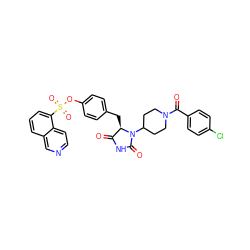 O=C1NC(=O)N(C2CCN(C(=O)c3ccc(Cl)cc3)CC2)[C@@H]1Cc1ccc(OS(=O)(=O)c2cccc3cnccc23)cc1 ZINC000205330674