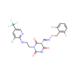 O=C1NC(=O)N(CCNc2ncc(C(F)(F)F)cc2Cl)C(=O)[C@@H]1/C=N/OCc1c(F)cccc1Cl ZINC000008773014