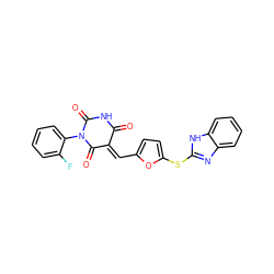 O=C1NC(=O)N(c2ccccc2F)C(=O)/C1=C/c1ccc(Sc2nc3ccccc3[nH]2)o1 ZINC000008737892