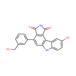 O=C1NC(=O)c2c1c(-c1cccc(CO)c1)cc1[nH]c3ccc(O)cc3c21 ZINC000034804131