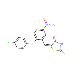 O=C1NC(=S)S/C1=C/c1cc([N+](=O)[O-])ccc1Sc1ccc(Cl)cc1 ZINC000002556234