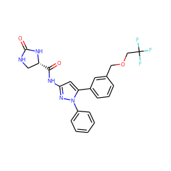 O=C1NC[C@@H](C(=O)Nc2cc(-c3cccc(COCC(F)(F)F)c3)n(-c3ccccc3)n2)N1 ZINC000169707441