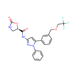 O=C1NC[C@H](C(=O)Nc2cc(-c3cccc(COCC(F)(F)F)c3)n(-c3ccccc3)n2)O1 ZINC000169707218