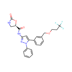 O=C1NC[C@H](C(=O)Nc2cc(-c3cccc(COCCC(F)(F)F)c3)n(-c3ccccc3)n2)O1 ZINC000169707258