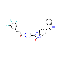 O=C1NC2(CCC(c3c[nH]c4ccccc34)CC2)N[C@@H]1C1CCN(C(=O)/C=C/c2cc(F)c(F)c(F)c2)CC1 ZINC000073167942