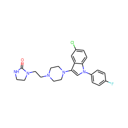 O=C1NCCN1CCN1CCN(c2cn(-c3ccc(F)cc3)c3ccc(Cl)cc23)CC1 ZINC000013452405