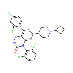 O=C1NCc2c(-c3ccc(F)cc3Cl)cc(C3CCN(C4CCC4)CC3)cc2N1c1c(Cl)cccc1Cl ZINC000026675160