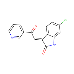 O=C1Nc2cc(Cl)ccc2/C1=C\C(=O)c1cccnc1 ZINC000071335236