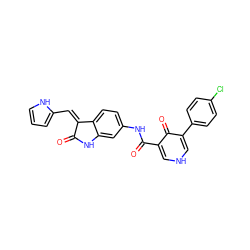 O=C1Nc2cc(NC(=O)c3c[nH]cc(-c4ccc(Cl)cc4)c3=O)ccc2/C1=C/c1ccc[nH]1 ZINC000221486280