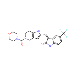 O=C1Nc2ccc(C(F)(F)F)cc2/C1=C/c1cc2c([nH]1)CCN(C(=O)N1CCOCC1)C2 ZINC000096272947