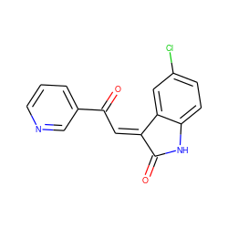 O=C1Nc2ccc(Cl)cc2/C1=C\C(=O)c1cccnc1 ZINC000071341516