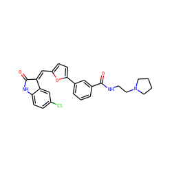 O=C1Nc2ccc(Cl)cc2/C1=C\c1ccc(-c2cccc(C(=O)NCCN3CCCC3)c2)o1 ZINC000084710345