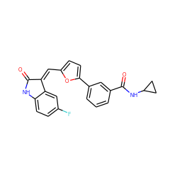 O=C1Nc2ccc(F)cc2/C1=C\c1ccc(-c2cccc(C(=O)NC3CC3)c2)o1 ZINC000084710354