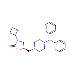 O=C1O[C@H](CN2CCN(C(c3ccccc3)c3ccccc3)CC2)CN1C1CCC1 ZINC000209405933