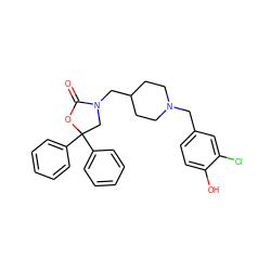 O=C1OC(c2ccccc2)(c2ccccc2)CN1CC1CCN(Cc2ccc(O)c(Cl)c2)CC1 ZINC000045229291