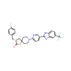 O=C1OC2(CCN(c3ccc(-c4nc5cc(C(F)(F)F)ccc5[nH]4)cn3)CC2)C[C@H]1Cc1ccc(F)cc1 ZINC000169238924