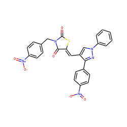 O=C1S/C(=C\c2cn(-c3ccccc3)nc2-c2ccc([N+](=O)[O-])cc2)C(=O)N1Cc1ccc([N+](=O)[O-])cc1 ZINC001772652224