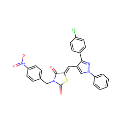 O=C1S/C(=C\c2cn(-c3ccccc3)nc2-c2ccc(Cl)cc2)C(=O)N1Cc1ccc([N+](=O)[O-])cc1 ZINC001772628832